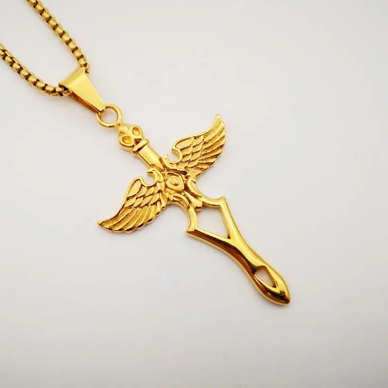 Ожерелье золотого цвета из нержавеющей стали с подвеской в виде меча со святой