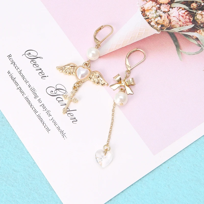 Золотой крест с угловыми крыльями имитация жемчуга подвеска свисающие серьги