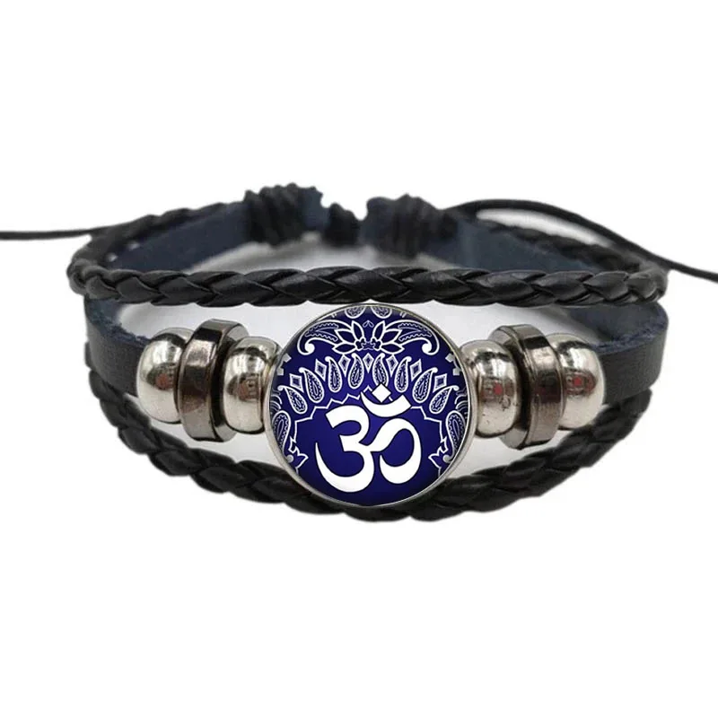 

Fashion Multi-Layer Bracelet Ohm Om Aum Buddha Statue Glass Dome Casual Black Leather Braided Buddha Bracelet