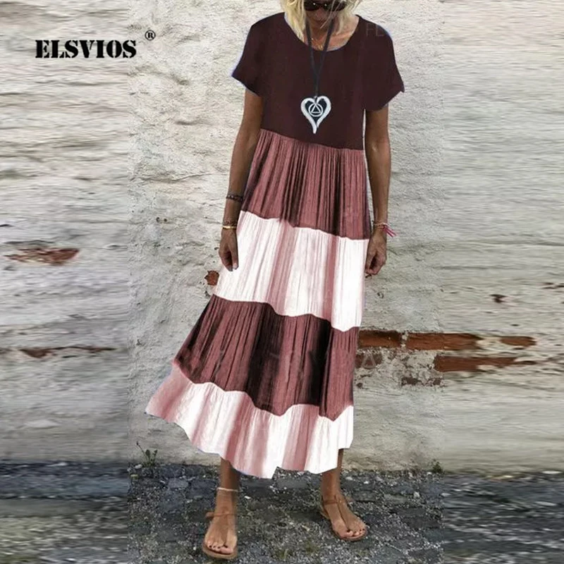 

Summer Vacation Women A-line Long Dress Patchwork Casual Fashion Short-Sleeve Dress 2021 New Elegant Color Matched Party Dresses