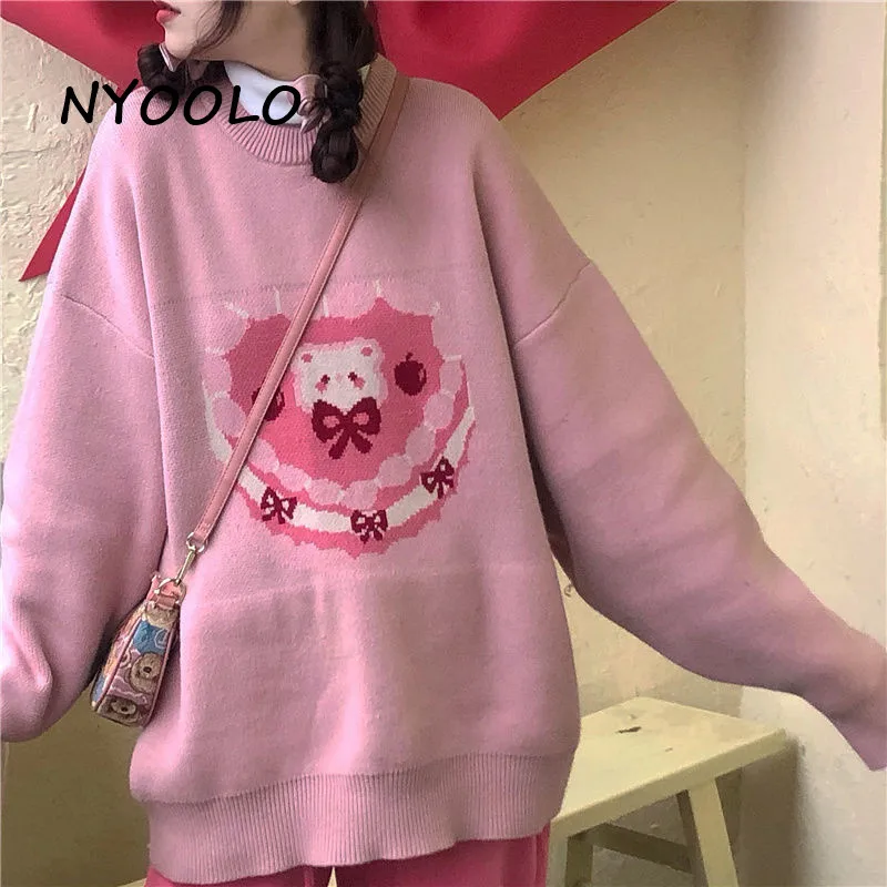 

NYOOLO Sweet Love Heart Bow Jacquard Long Sleeve O-Neck Pullovers Knitted Sweaters Women Kawaii Clothes Autumn Winter Knitwear