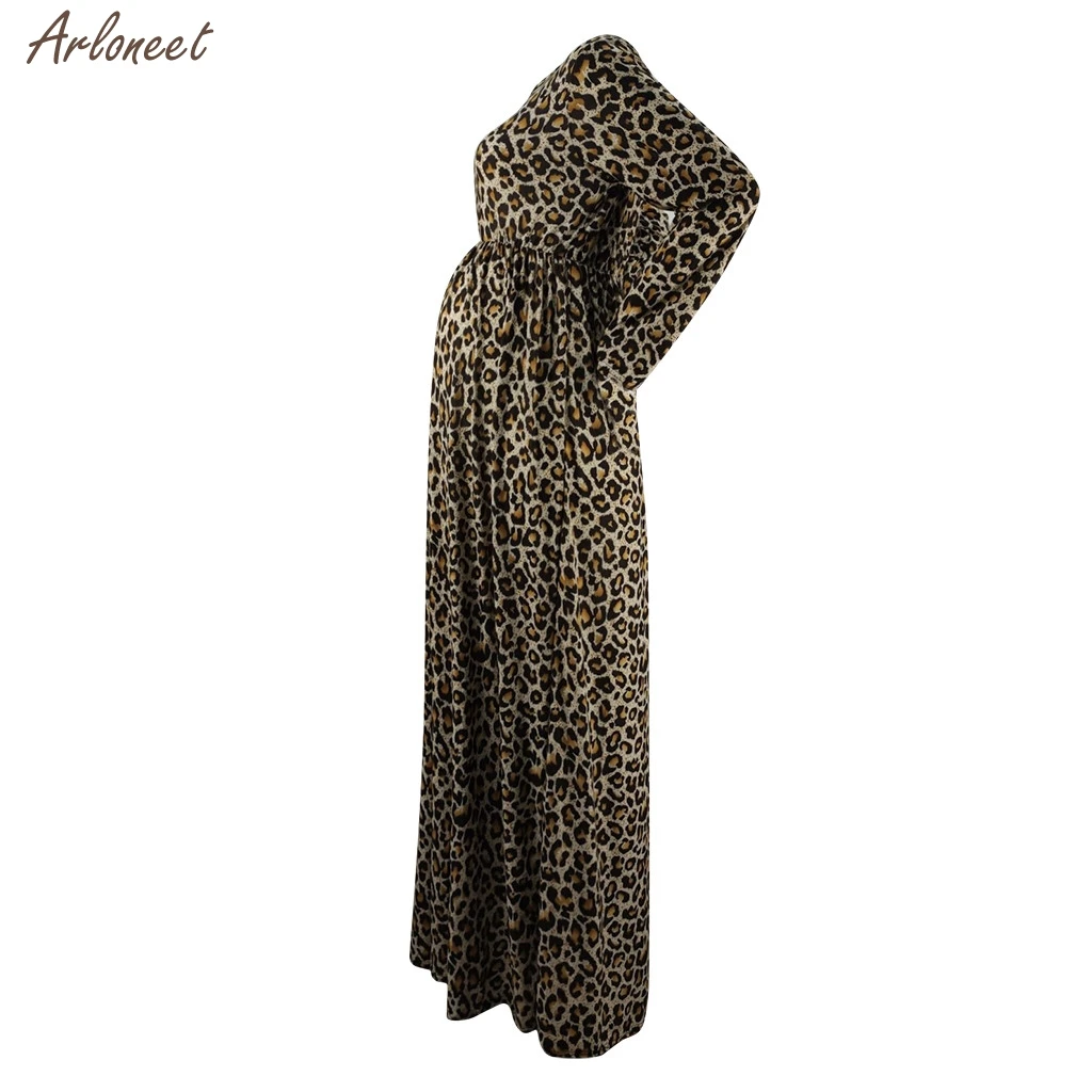 

Women Pregnants Maternity Photography Props Long Sleeve Print Leopard Dress Women Casual Boat Neck Dress New Fashion Summer 2020