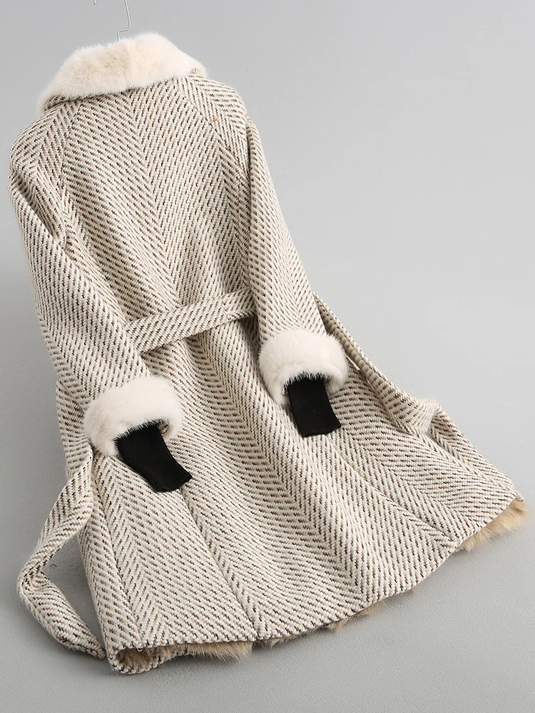 Женское твидовое пальто с подкладкой из меха ягненка теплое шерстяное