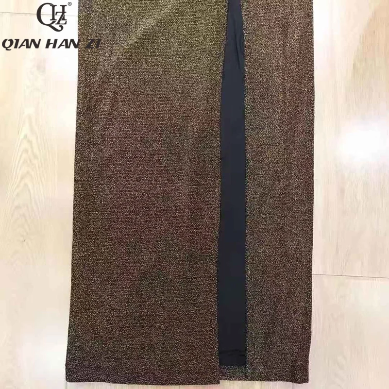 

Qian Han Zi Spring/Summer Designer Runway Maxi Dress Women Long Sleeve High Quality Ruffle V-neck Sexy Bodycon Party Long Dress
