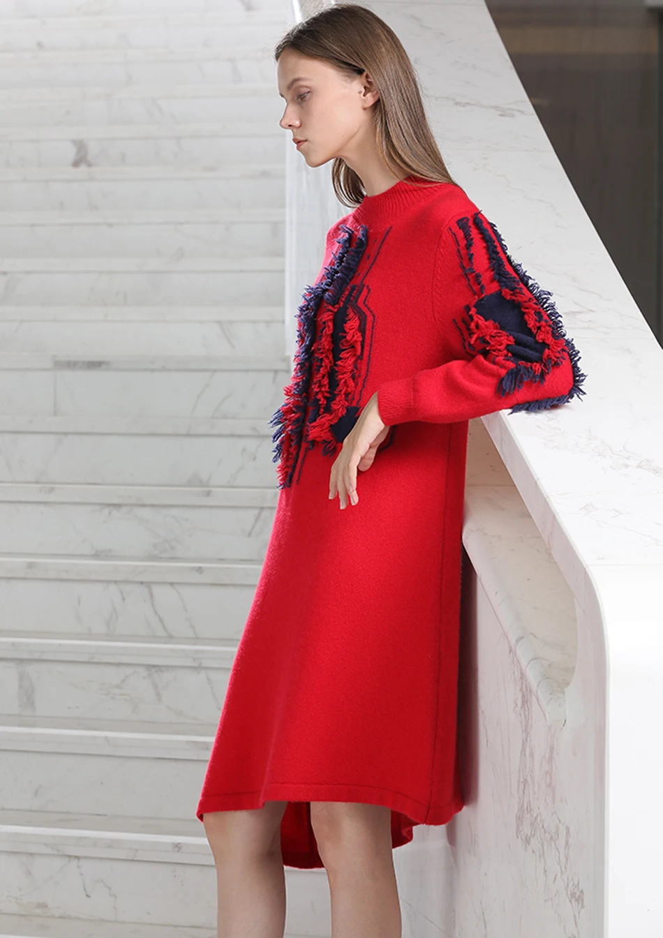 Red RONGFANGZI Inner Mongolian Cashmere Dress Women Pullover Ribbed Crewneck Cuffs Winter Thick 3 Gauge Knit in SlavaStore - Цвет: Red