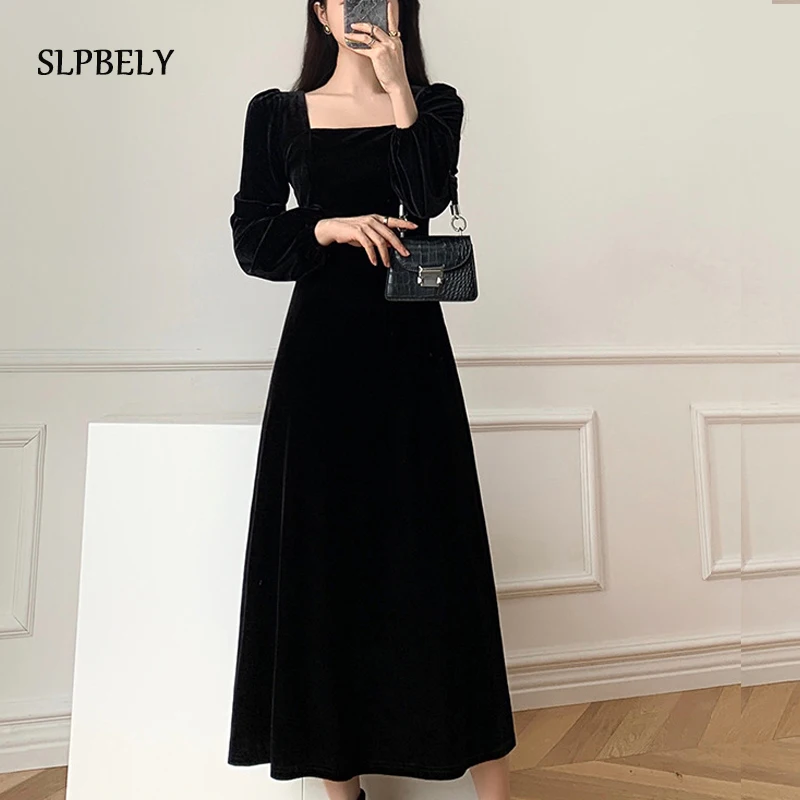 

SLPBELY Autumn Hepburn Black Velvet Dress For Women Elegant Square Collar Long Sleeve Midi Dress Office Ladies Party Dress 3XL