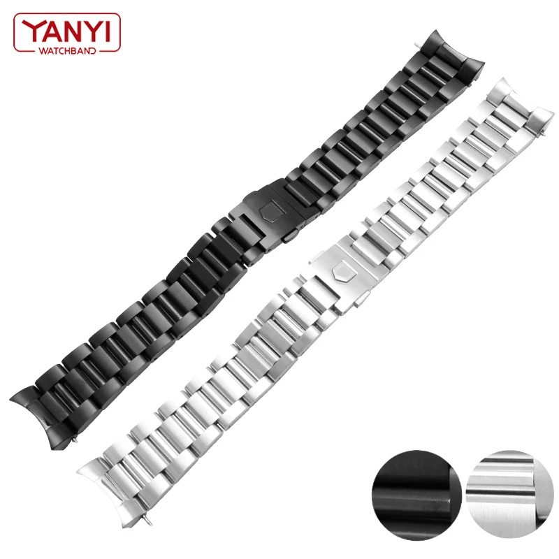 stainless steel watchband 22mm solid metal band Curved end Watch strap mens watch bracelet silver black color