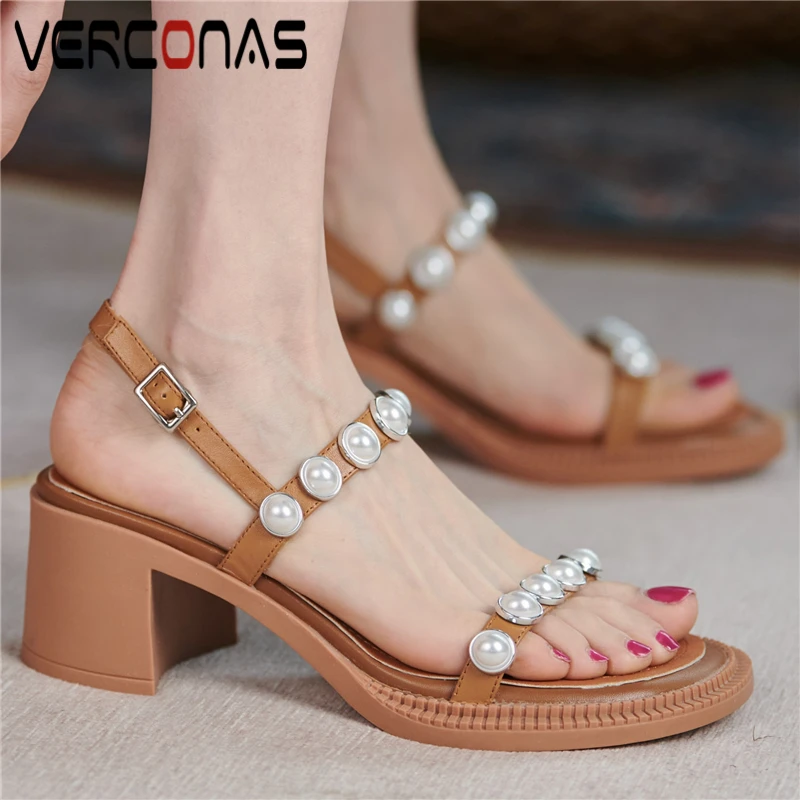 

VERCONAS Platforms Thick Heels Pearl Women Sandals Genuine Leather Summer Pumps Fashion Retro Concise Casual Working Shoes Woman