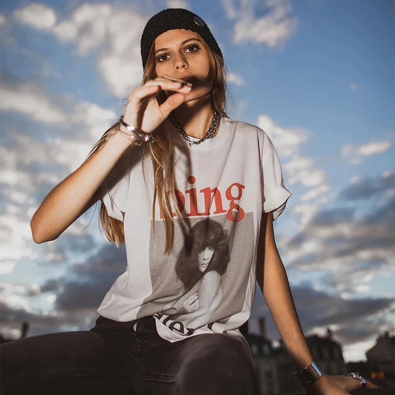 

White Character Letter Print Vintage Graphic T Shirts Women 100%cotton Short Sleeve Casual Lady 2021 Summer Brand Design Tshirt