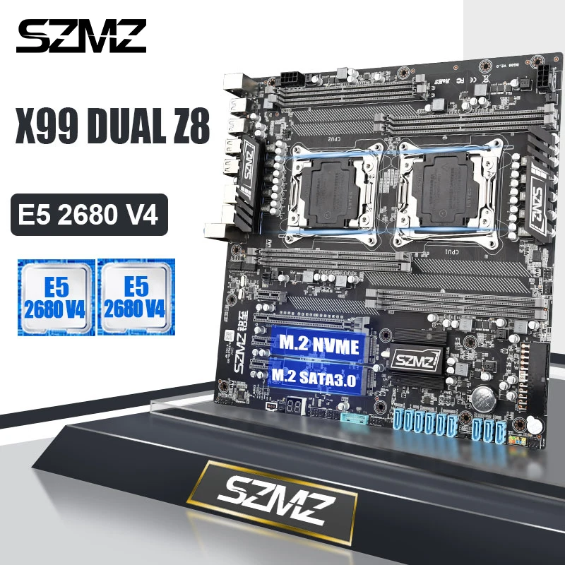 Игровая материнская плата SZMZ X99 с двумя CPU LGA 2011 3 процессор E5 2680 2620 2678 V3 V4 и NVME M.2 SSD 8