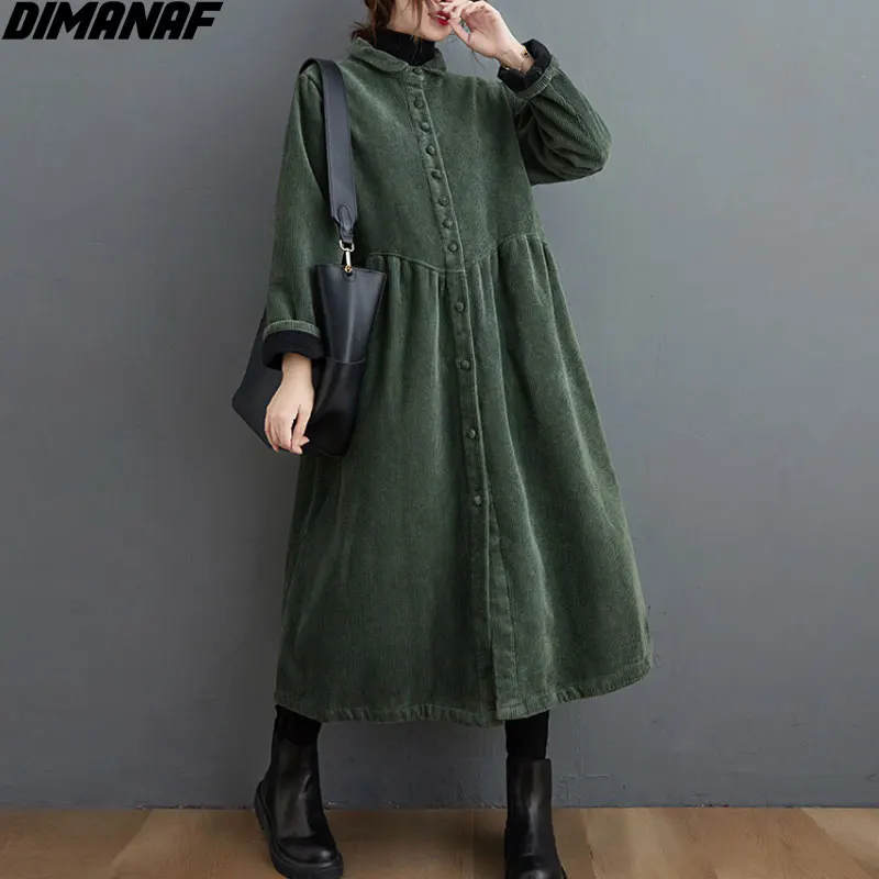 

Женское вельветовое пальто DIMANAF, однотонное длинное утепленное флисовое пальто, верхняя одежда большого размера для зимы
