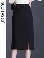 fall winter pencil skirt women 2020 black knitted fabric high waist skirt s 3xl plus size buttons split mid long skirt female