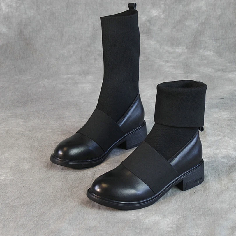Женские ботинки из натуральной кожи черные до щиколотки вязаные сшитые каблуки
