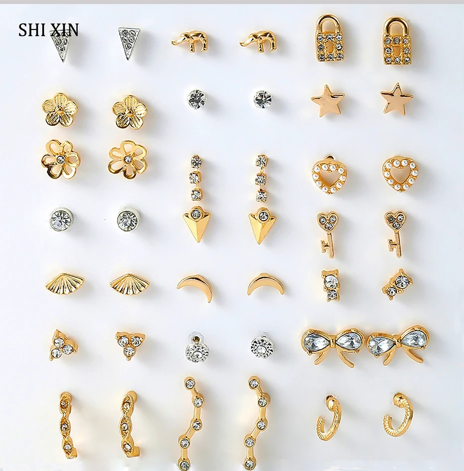 SHIXIN, 21 шт., милые мини серьги-гвоздики, набор, маленькие серьги для женщин, луна/цветок/жемчуг/кристалл, серьги, партия, корейская мода, ювелирное изделие