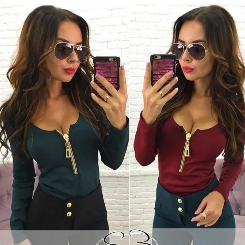 Осенняя модная женская футболка на молнии удобные топы с длинными рукавами и