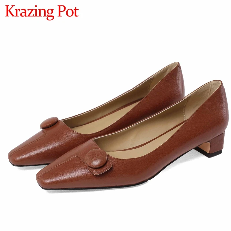 

Krazing Pot business casual full grain leather button square toe thick med heel slip on concise office lady cozy women pumps L28