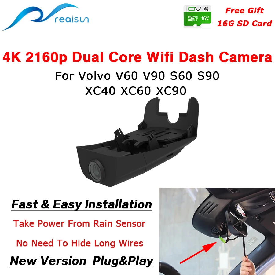 Автомобильный видеорегистратор Realsun 4K 2160P двухъядерный процессор Novatek 96670 Wi Fi для