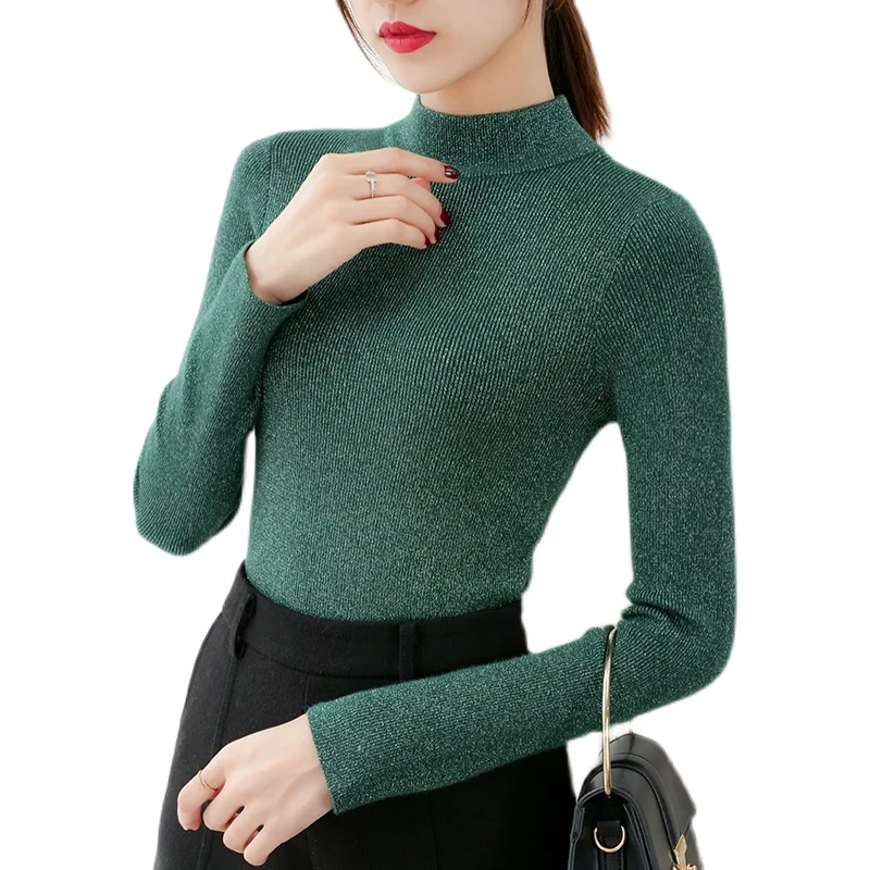

Spring And Autumn Women's Turtleneck Sweater Fashion Knitted Gold And Silver Glittering Warm Long-sleeved Slim Stretch Pullover