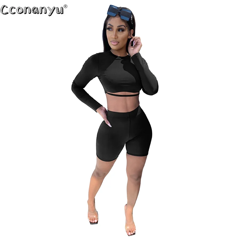 

Женский однотонный комплект из двух предметов, Осенний короткий мягкий укороченный топ для отдыха + облегающие шорты, женская одежда, осенн...