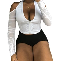 women halter crop tanks topsfemale sexy ruched sleeve off shoulder zip up plain t shirts for ladies summer