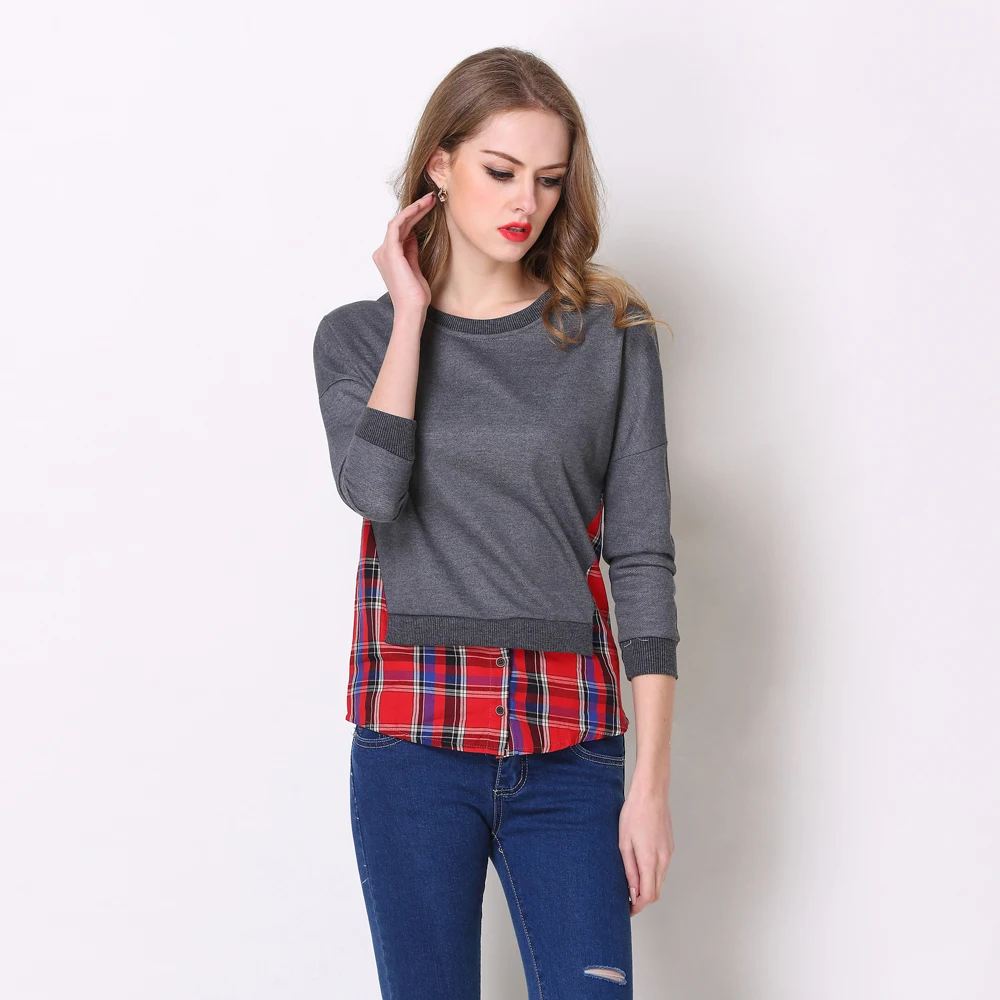 

2021 Vintage Woman Cotton Plaid T-Shirts New Fashion Plus Size Two False Piece T-Shirt All-match Long Sleeved Casual Retro Shirt