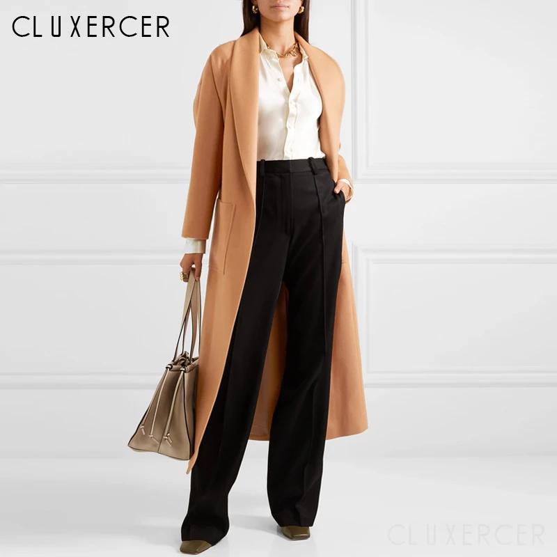 Женское шерстяное пальто с поясом Элегантное Длинное однотонное офисное верхняя