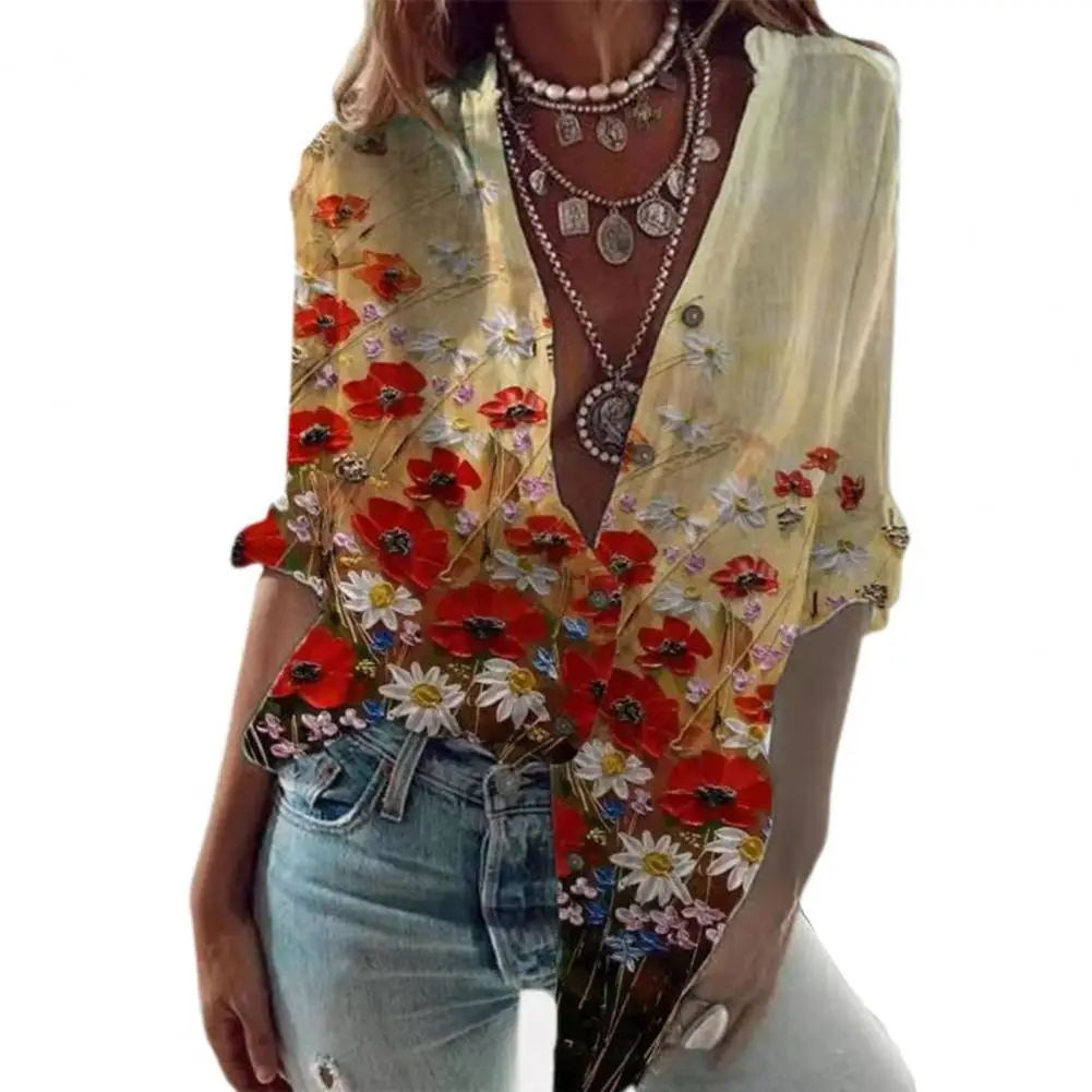 

50%HOT Spring/Summer Women Shirt Long Sleeve Floral Print Single-breasted Loose Blouse Top for Office