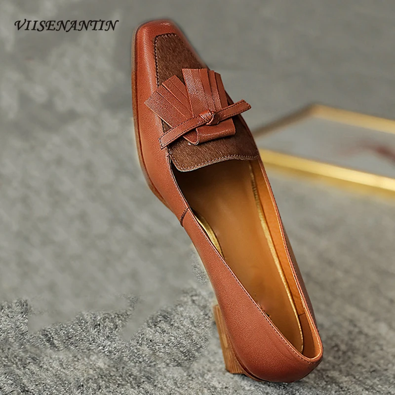 

Ретро бордовый квадратный носок толстый каблук средней высоты, с бахромой из овечьей кожи с конским волосом, женские туфли-лодочки для Для ж...