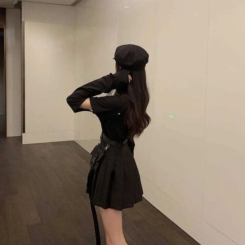 

Black Set A-line Women Sexy Mini High Waist Skirt Streetwear Women Punk Style Side Pocket Fashion Design Pleated Skirt
