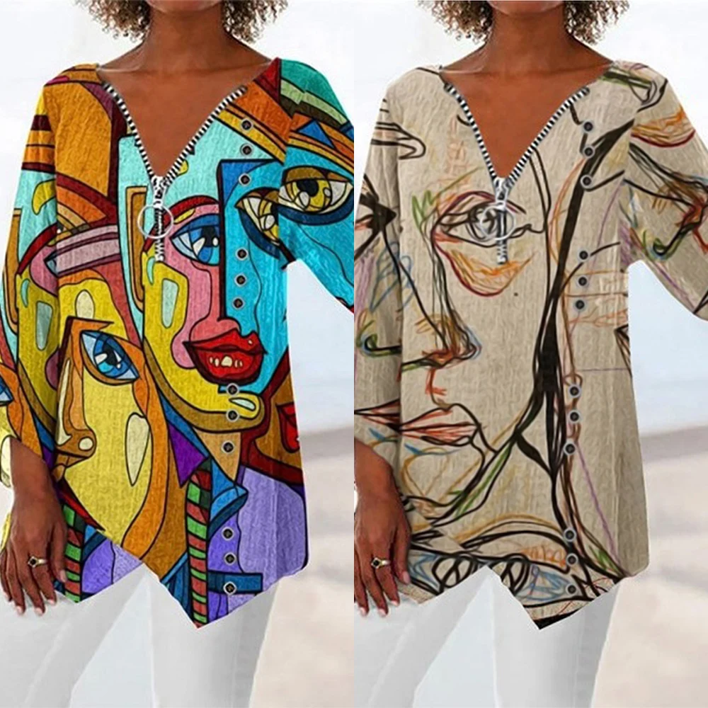 

Women V Neck Zipper Cartoon Plus Size Top Abstract Face Print Long Sleeve Loose Irregular Hem Fashion Autumn tee shirt femme D30