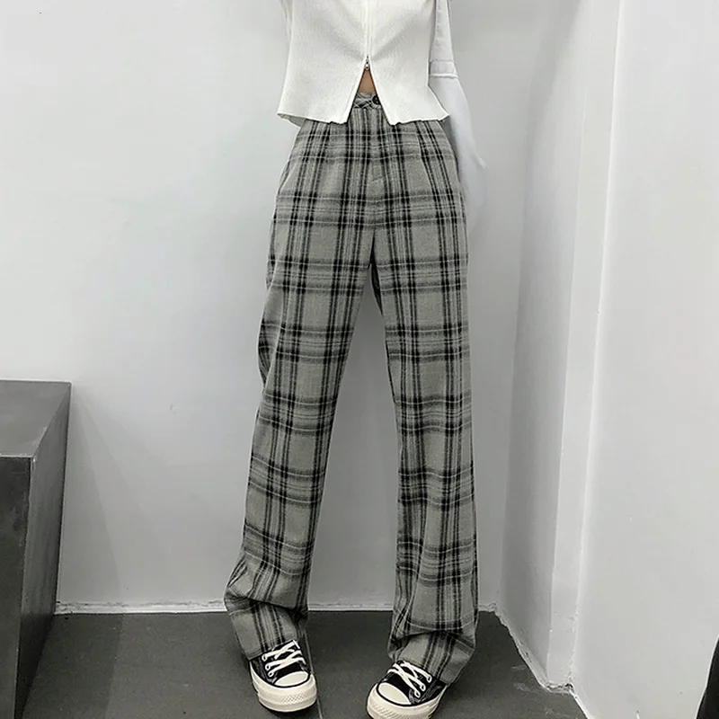 

Plaid Pants Women High Waist Vintage Full-length Straight Trousers Streetwear Casual Students Harajuku Pantalon Femme