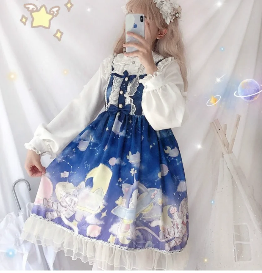 Лолита jsk принцесса лоли печати kawaii платье для девочек градиент Лолита езды Высокая талия бант кружева рюшами Готический Винтаж сладкий лоли
