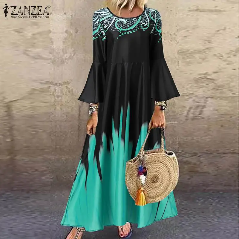 

ZANZEA Casual 3/4 Flare Printed Dress Spring O Neck Floral Maxi Sundress Women Elegant Bohemian Long Vestidos OL Robe