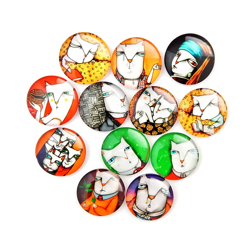 

10 Pcs Random Mix Cartoon Mr Cat Pattern Round Glass Cabochon Necklace DIY Glass Patch Dome Flat Back Jewelry Findings Wholes