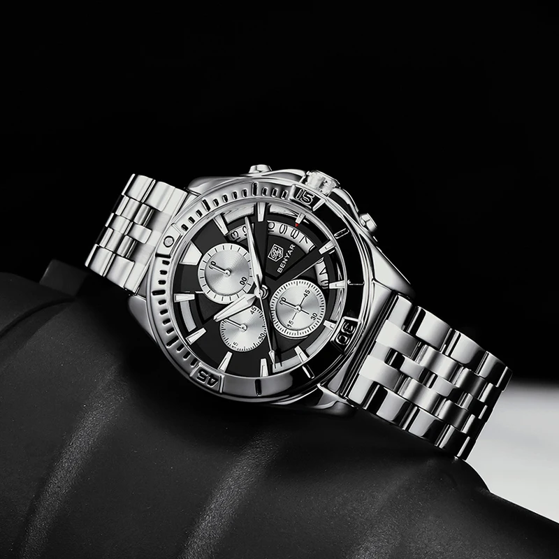 benyar brand mens quartz watches hot selling fashion multi function six pin waterproof watch steel band calendar watches free global shipping