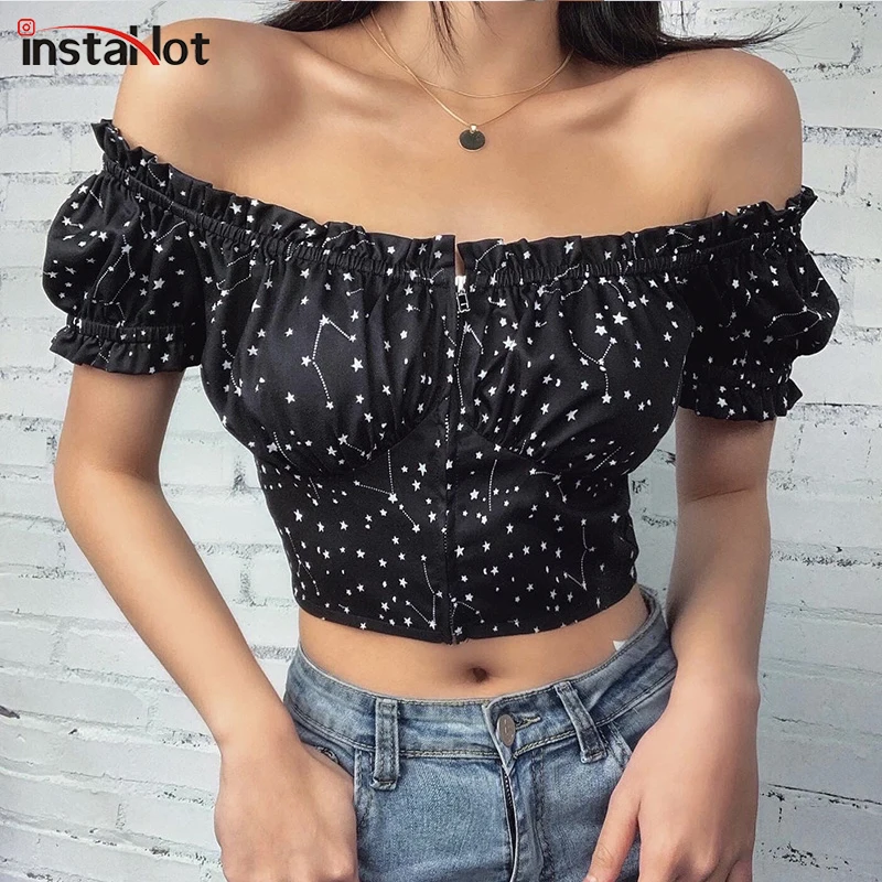 Женская блузка в горошек InstaHot летняя Готическая Повседневная винтажная черная