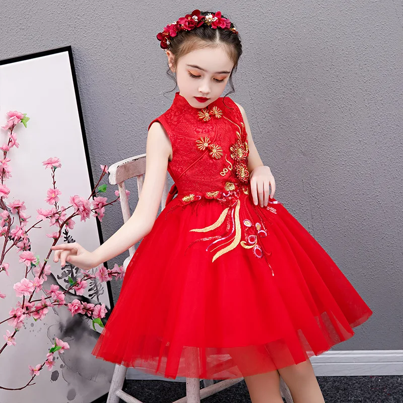 

Exquisite 5-12 Years Red Host Princess Dress Embroidery Flower Little Girl Dresses Ball Gown Kid Pageant Dress Birthday Costume