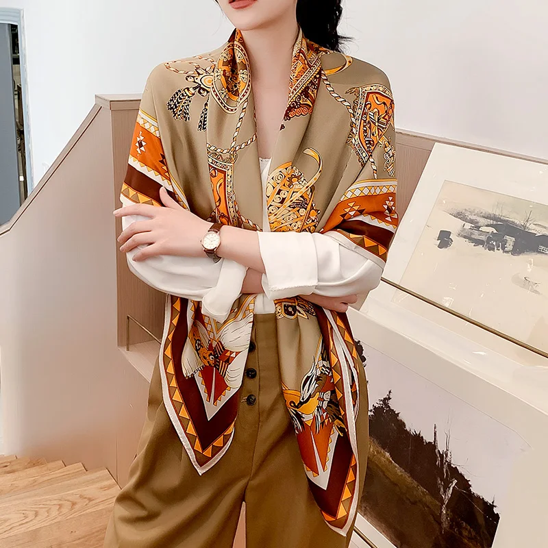 С принтом кареты с 100% шелковый шарф шаль из мягкой гладкой ткани высокого