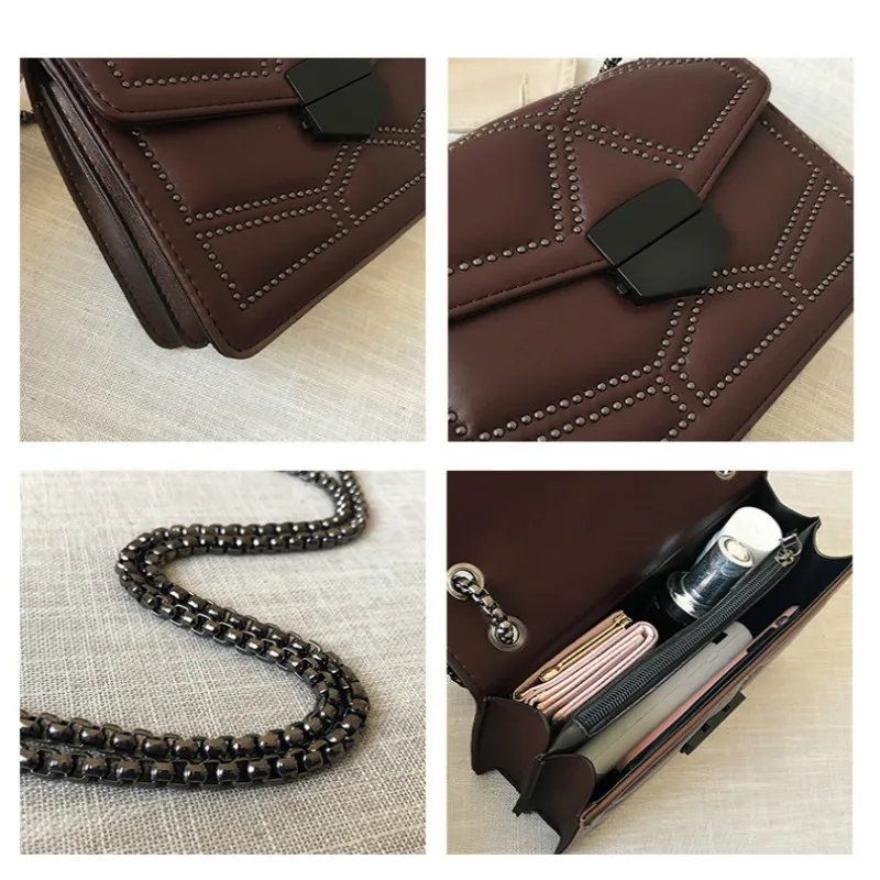 

New 2020 Rivet Chain Brand Designer PU Leather Crossbody Bags For Women Simple Fashion Shoulder Bag Lady Luxury Small Handbags