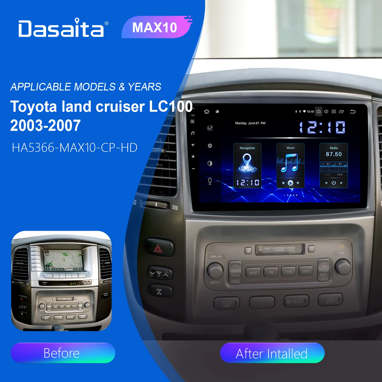 Автомагнитола Dasaita 1 Din Android 10 0 для Toyota LC 100 Land Cruiser 2003 GPS-навигация BT5.0 4 Гб ОЗУ 64 ПЗУ