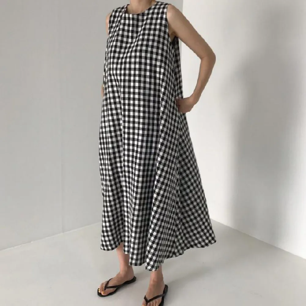 

Korean Japanese Style Sleeveless Plaid Maxi Dress Women Summer Loose Casual Dresses Vestidos Female 2020 Fashion Daily Chic
