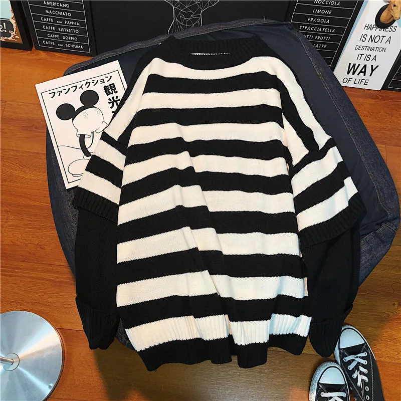 LAPPSTER Men Harajuku Oversized Sweater Fall Pullover Man Fake Two Pieces Streetwear Sweater Korean Fashion Striped Clothes - Цвет: White