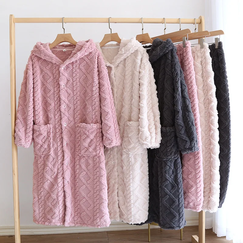 

Winter Thick Warm Velvet Pajamas Nightgown Women Cute Hooded Flannel Robe Set Couple Long Homewear Plus Size Men's Home Clothes