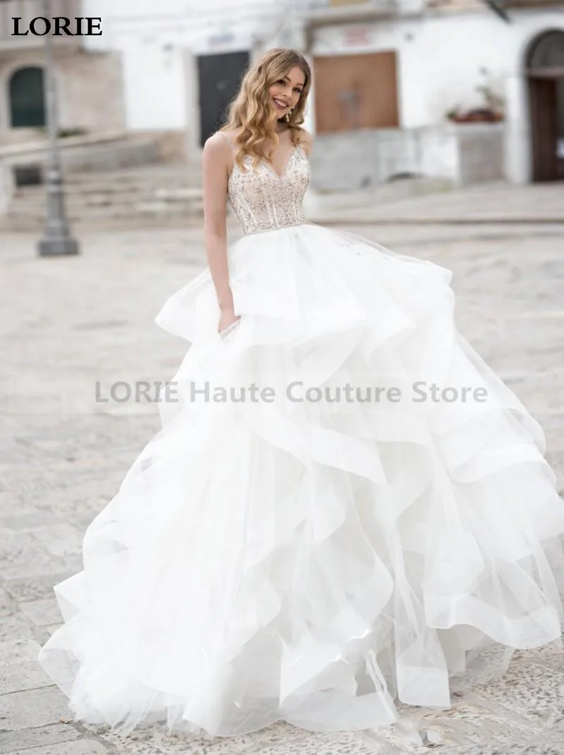 LORIE A Line Wedding Dress Spaghetti Strap Lace Sexy Bridal Dresses With Crystal Boho Vestidos de novia Wedding Gowns