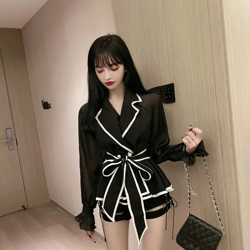 

Vintage Shirts women Causal Notched Collar Blouse Shirt With Belt Autumn Winter Chic Double Button Shirt Tops