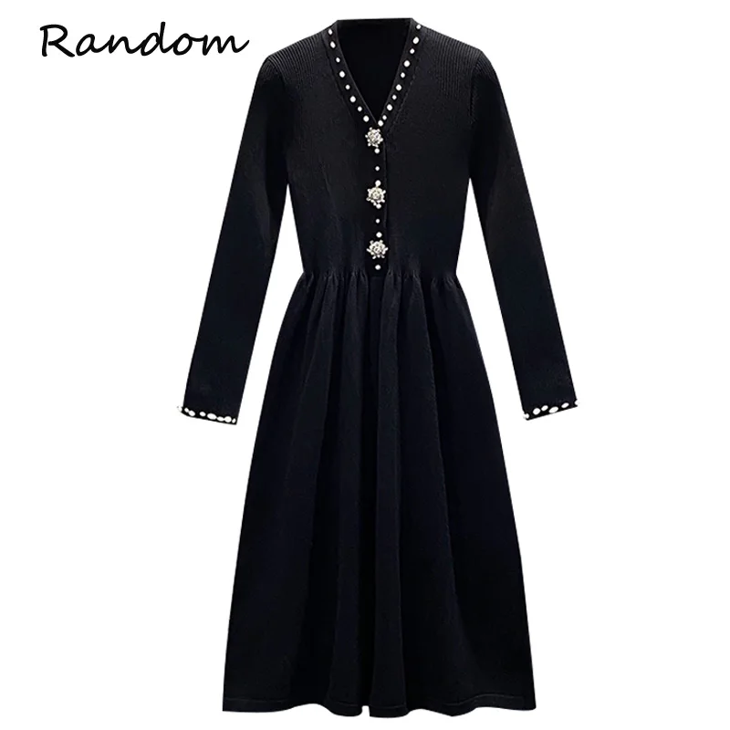 

2021 Winter Plus Size S-4XL Women Elegant Ladies Knit Dress Long Sleeve Rhinestone Pearl Beaded Party Dresses Vintage Clothing