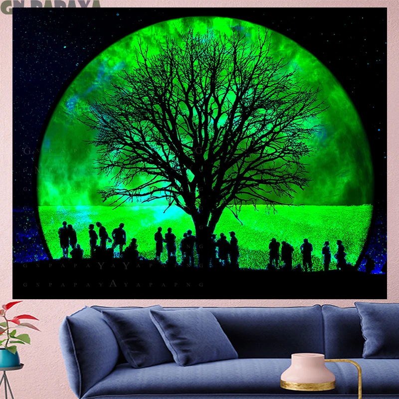 

Psychedelic forest tapestry Wall Hanging Moon night farmhouse decor tropical Branch goblen landscape Polyester black Yoga mat
