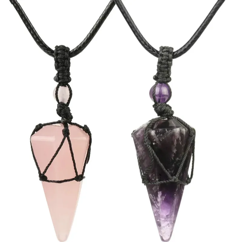 

Natural stone tapered pendant crystal quartz black rope stone necklace men's fashion charm jewelry