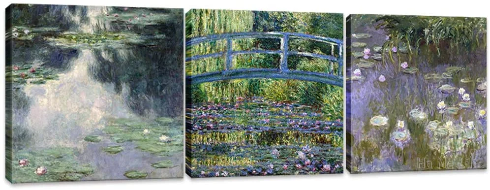 

Canvas Wall Art 3 Piece Bridge Water Lily Pond Giclee Print Artwork Claude Painting Green Garden