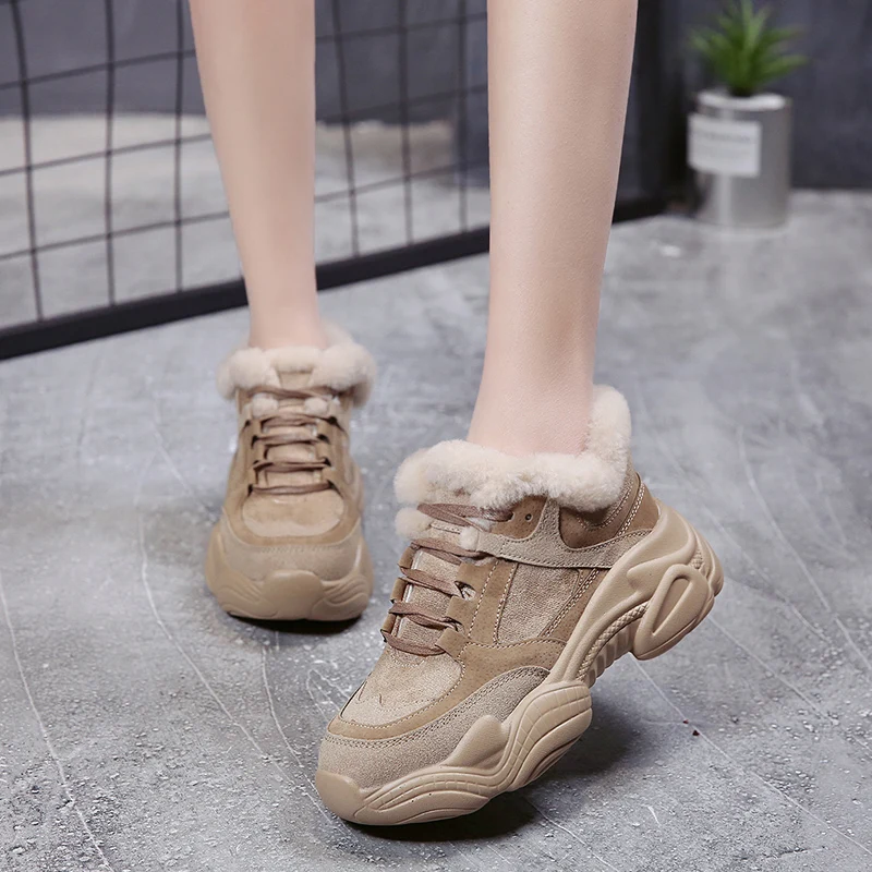 Женские кроссовки с Плюшевым Мехом Вулканизированная обувь для зимы теплые
